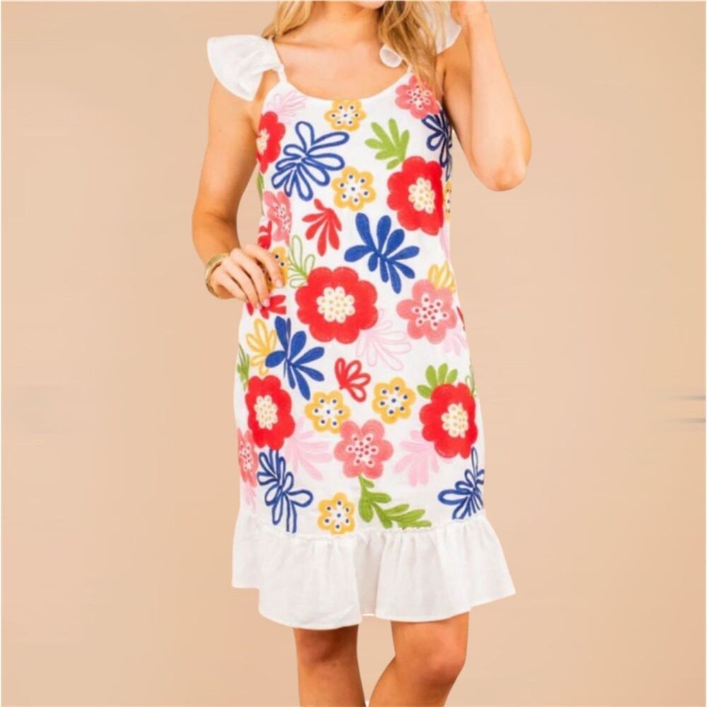 NWT Andree by Unit Ivory Linen Blend Embroidered Shift Dress M